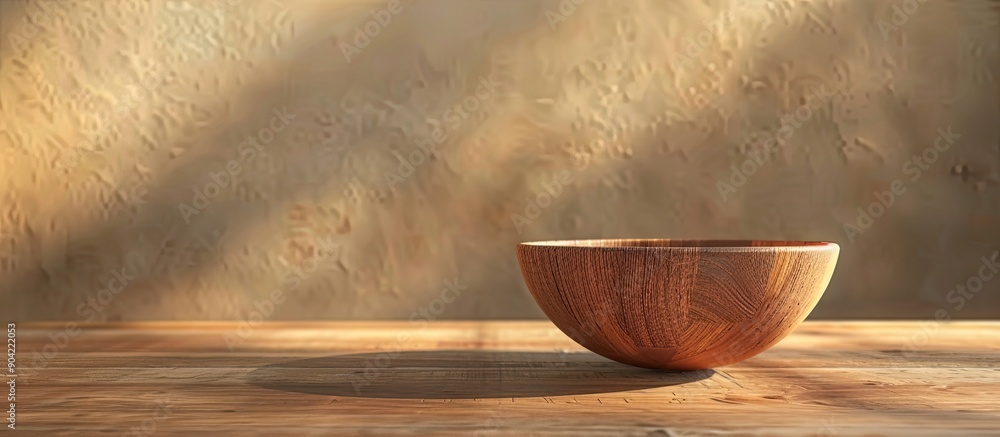 Poster side view of an empty brown wooden bowl on a background of the same material featuring ample copy sp