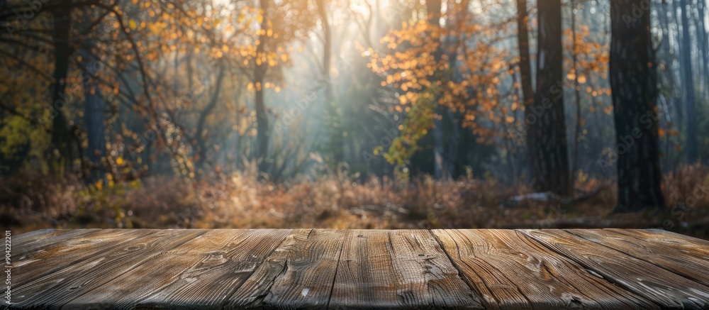 Aufkleber wooden desk with rustic texture set against a blurred forest background providing ample copy space f