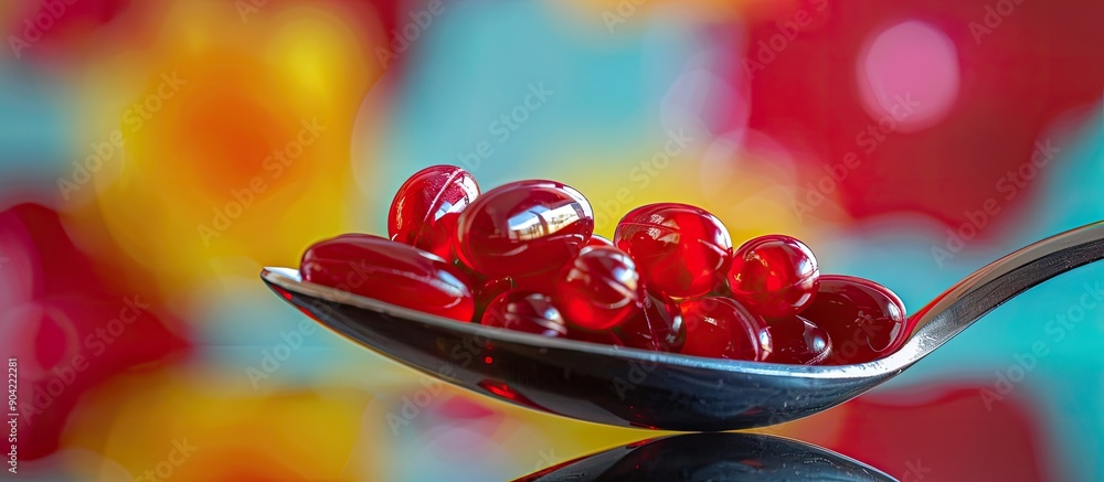 Poster red soft gel vitamin supplement capsules arranged on a spoon against a colorful backdrop creating an