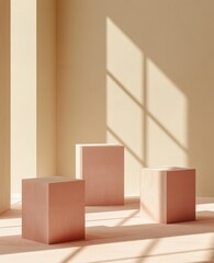 Minimalist pastel-colored blocks with soft shadows in a clean modern interior