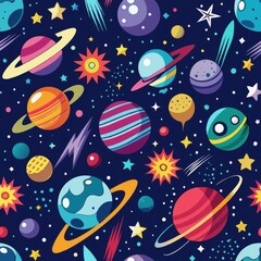 Immerse in the vibrant beauty of outer space, adorned with planets and a rocket. Seamless pattern.