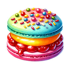 Vibrant illustration of a colorful macaron topped with sprinkles, filled with a rich, fruity filling, perfect for dessert or confectionery themes.