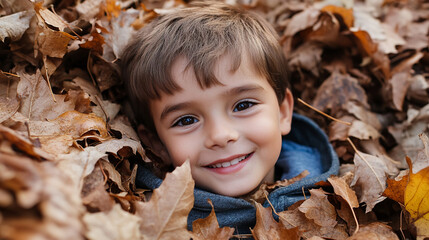 Boy playing in a leaf pile