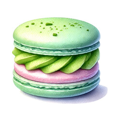 Delicate green macaron with a pink and green creamy filling, beautifully illustrated, ideal for dessert-themed artwork or bakery promotions.