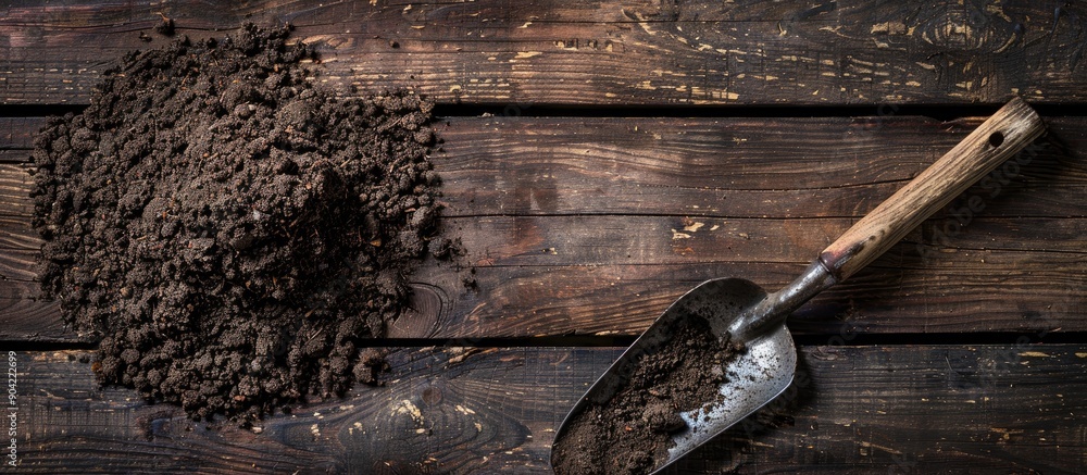 Poster top view of a metal shovel with soil displayed on a wooden table with space for text in the image. c