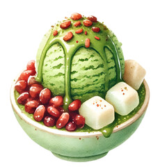Delicious matcha ice cream served with red beans, mochi, and matcha syrup in a bowl, perfect for Asian dessert themes or gourmet treats.