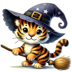 Adorable illustration of a tiger cub wearing a witch hat and riding a broomstick, perfect for Halloween-themed designs or children's artwork.