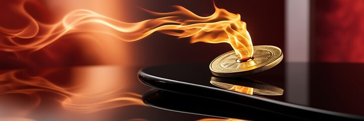 Golden bitcoin coin in fire flame,  cryptocurrencies over trade graph background