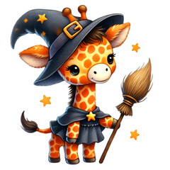 Cute illustration of a giraffe wearing a witch hat and cloak, holding a broom, surrounded by stars, ideal for Halloween or children&rsquo;s themes.