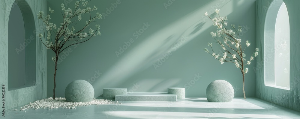 Aufkleber minimalist display scene with delicate white flowers and geometric shapes in soft green setting
