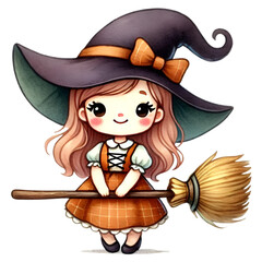 Charming illustration of a cute young witch holding a broom, dressed in an orange outfit with a matching hat, perfect for Halloween or children's themes.
