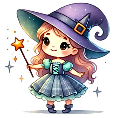 Adorable young witch holding a magic wand, wearing a purple hat and blue dress, perfect for Halloween, fantasy themes, or children's illustrations.
