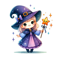 Charming illustration of a cute little witch in a purple hat and cape, holding a smiling star wand, perfect for Halloween or children's fantasy themes.