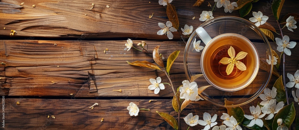 Poster top view wooden table with a cup of fragrant jasmine tea surrounded by flowers and dry leaves ideal 