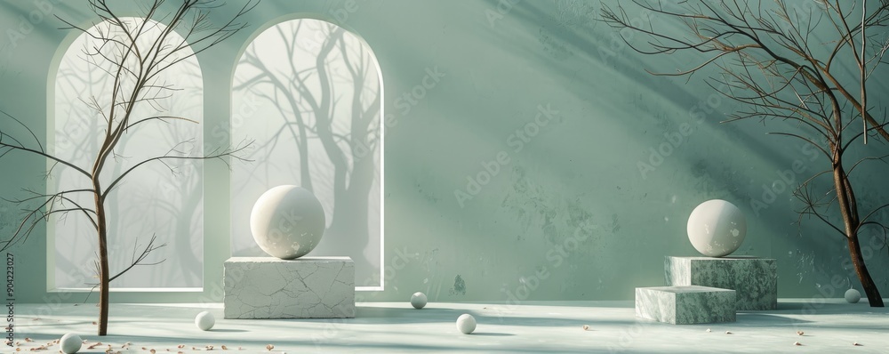 Poster minimalist display scene with marble balls and bare trees in soft light
