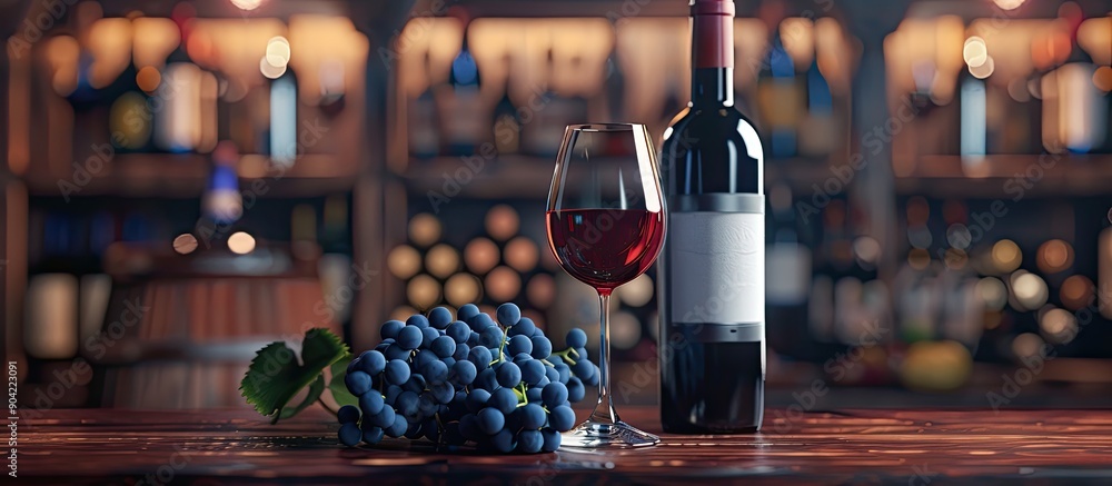 Poster red wine bottle glass blue grapes and assorted wine bottles on a bar counter in the background in a 
