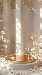 Minimalist golden podium with white daisies and classical columns in soft light