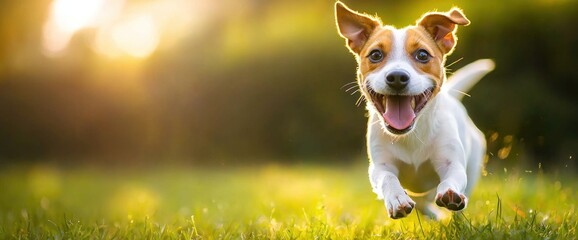 A cute and happy Jack Russell Terrier dog running on the grass in sunlight, full of energy and joy. Generative ai