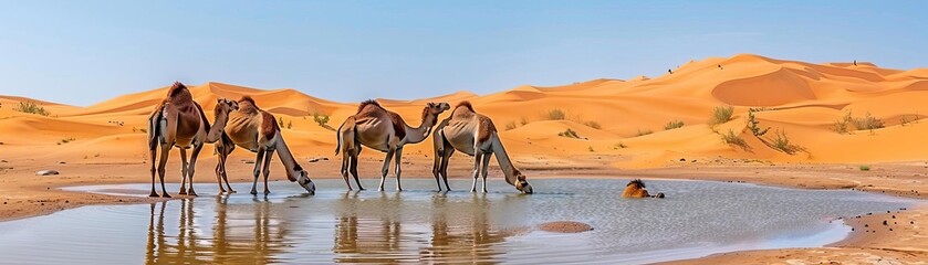 Desert oasis, camels drinking, arid presentation, Watercolor style