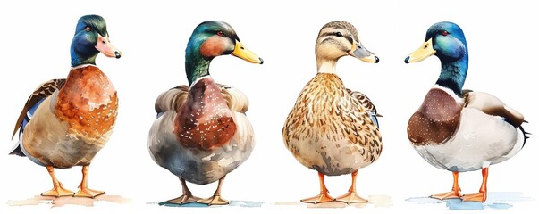 Duck breeds, waterfowl diversity, lake exploration, Watercolor style