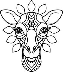 Giraffe head coloring page kids friendly simple line art cute giraffe  face with geometric flower mandala design pattern minimal clipart art KDP coloring interior