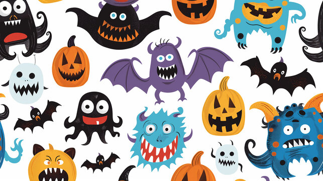 Frightening Halloween imagery with monstrous figures and vibrant pumpkins, representing the fun and fear of the holiday.
