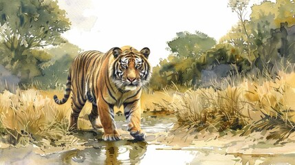 Forest clearing, tigers stalking, wildlife showcase, Watercolor style