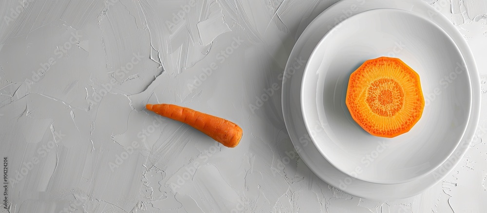 Poster a fresh carrot sliced on a white plate against a white background with copy space for image text is 