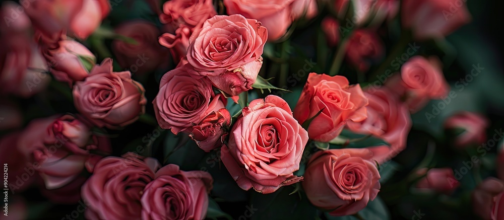 Poster a close up image of a bouquet of pink roses in a florist setting with copy space image