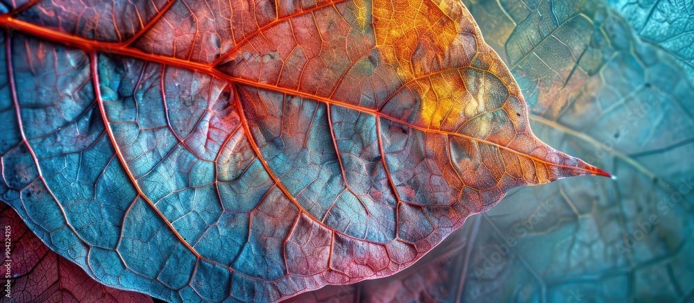 Aufkleber a colorful leaf with intricate textures and vein patterns displayed in a natural environment with co