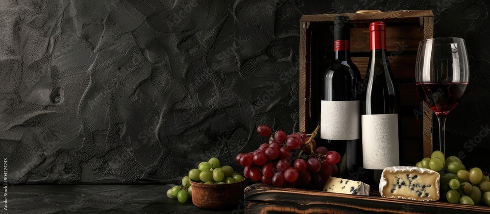 Poster a box containing wine bottles glasses grapes and camembert cheese set against a black grunge backgro
