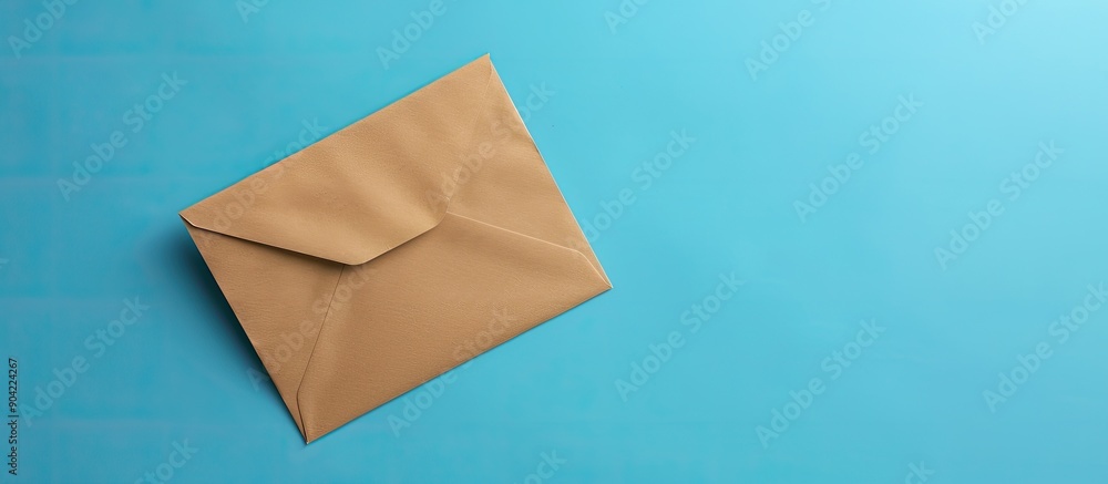 Poster mock up with copy space image showing a beige envelope with a blank white paper on a blue background