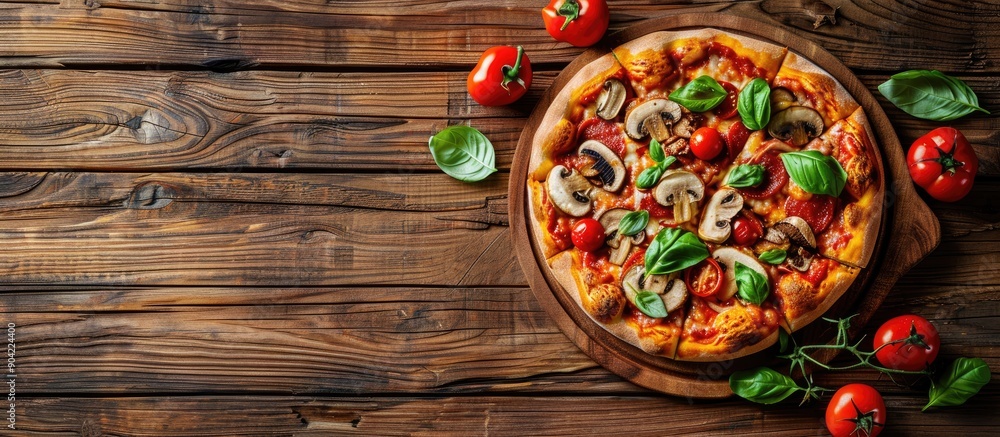 Poster flat lay of a mouth watering pizza with tomatoes mushrooms and basil on a wooden surface with room f