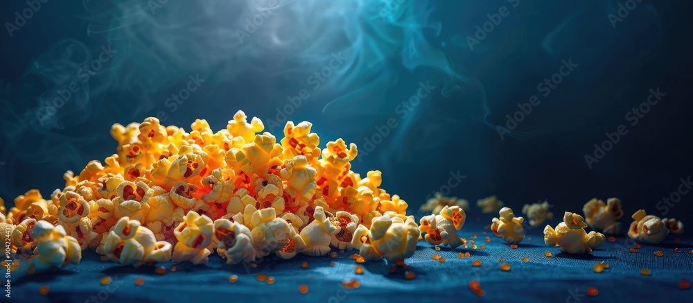 Poster cheese and caramel popcorn on a cinematic background ideal for a movie night snack with a designated