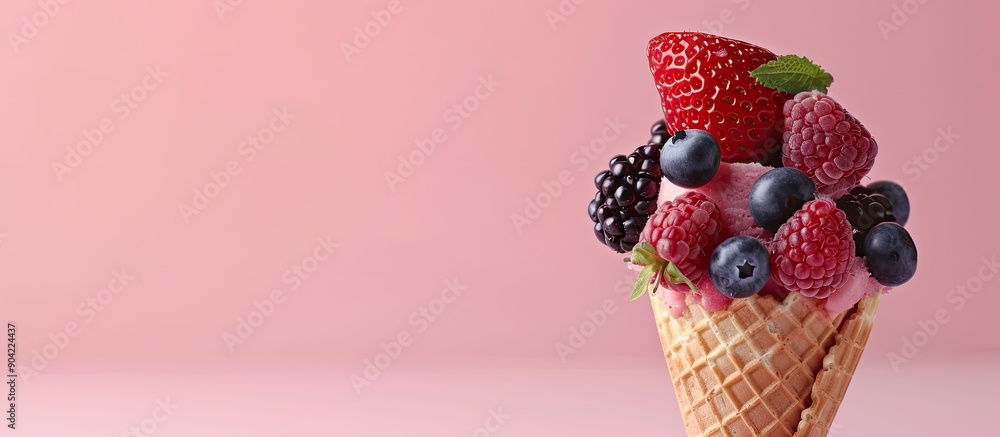 Aufkleber berries in an ice cream cone on a pink backdrop with copy space image