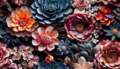 Seamless colorful mixed flower pattern, 3d realistic style, wallpaper design. Generative ai