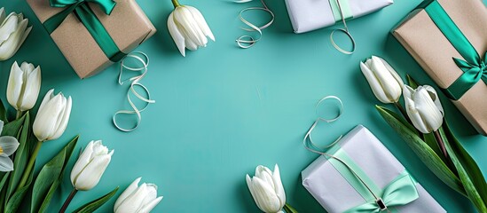 Turquoise background with gift boxes white tulips and a blank card for a copy space image