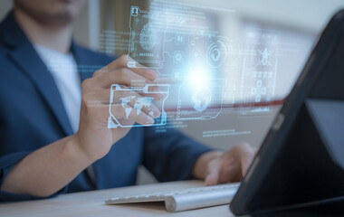 person scanning fingerprint and biometric authentication, cybersecurity use password and cybernetics. System required to identifying user to access to documents data security  from hackers and scammer