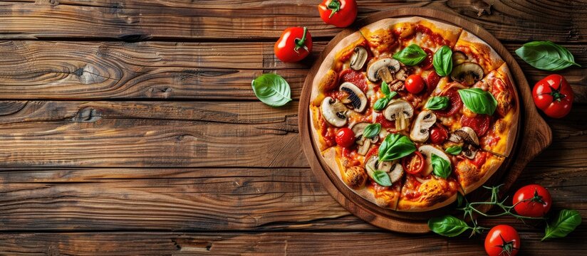 Flat lay of a mouth watering pizza with tomatoes mushrooms and basil on a wooden surface with room for text in the image. Copy space image. Place for adding text and design