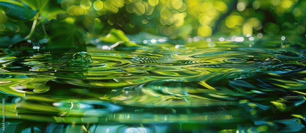 Poster green leaves in a glossy abstract setting with paints acrylic and glitter in water creating ripples 