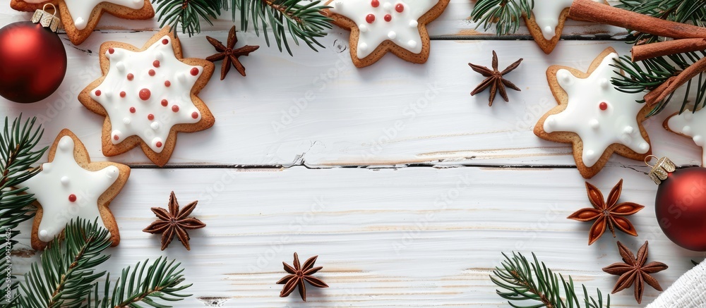 Poster Gingerbread cookie frame with star anise fir branches and ornaments on a white wooden backdrop with copy space image