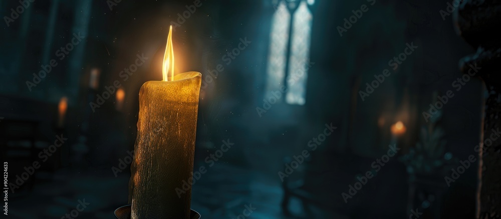 Poster a single glowing church candle against a dark backdrop with room for a caption near the bottom of th