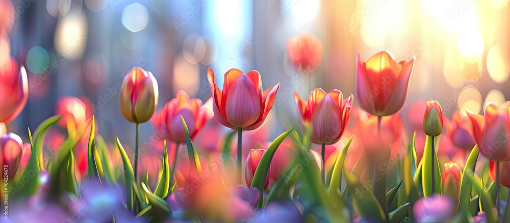 Poster tulips in a flower bed brighten the cityscape in a blurred backdrop suitable for text or other graph