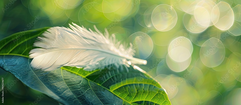 Aufkleber macro shot of a white bird feather on a leaf with a blurred background provides a captivating copy s