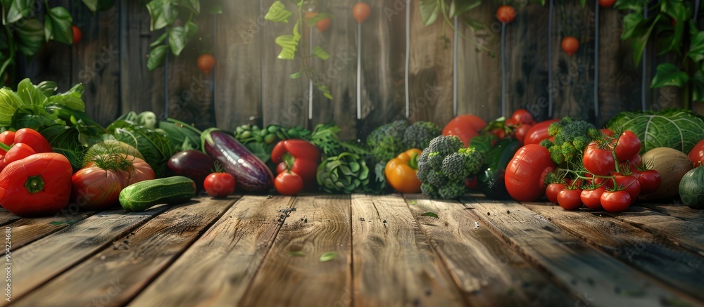 Poster various fresh vegetables displayed on a wooden backdrop creating copy space image