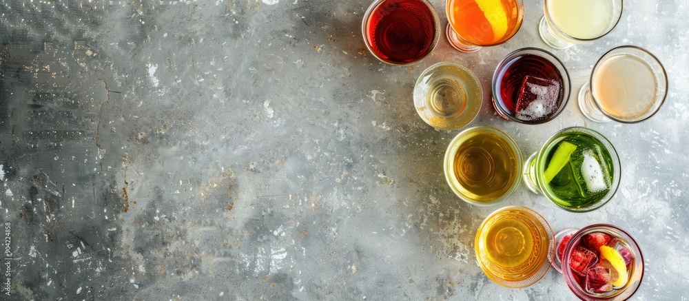 Poster various liqueurs displayed in glasses on a textured grey table in a top down view for a copy space i