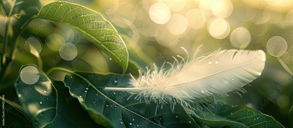 Poster close up shot of a white bird feather on a leaf with a blurred background providing ample copy space