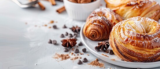 Fototapeta premium Brighten your recipe article or commercial use with a pan au chocolat pastry displayed on a white table creating an ideal copy space image