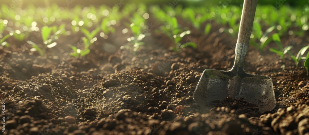 Poster a garden bed in a farm setting displays soil texture with a shovel and copy space image symbolizing 