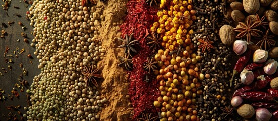 An array of assorted spices on a background with ample copy space image